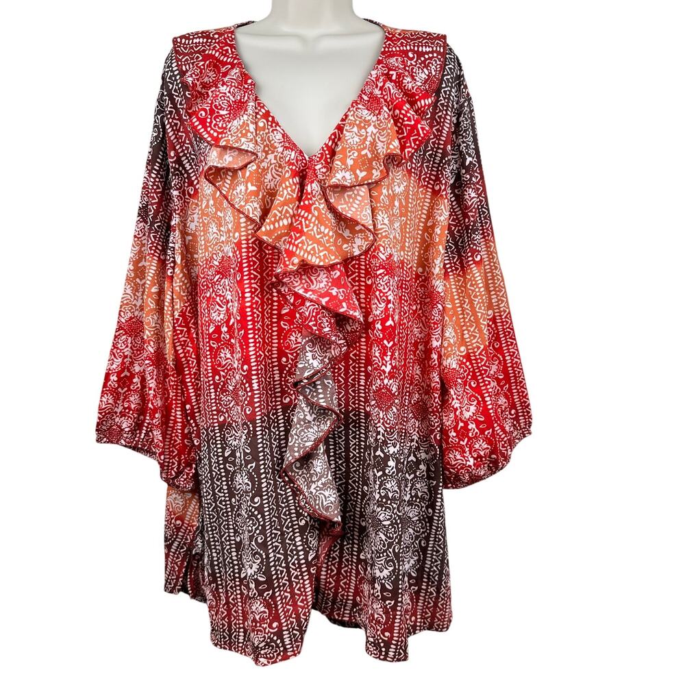 Catherines Blouse Top Ruffle V-Neck Ombre  Red Brown Orange 4X Mature Resort